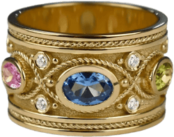 Gold Vermail Aquamarine Peridot and Pink Tourmaline Byzantine Stones Ring, Multi Gemstone Wide Band For Women, Thick Heavy Gold Ring For Her