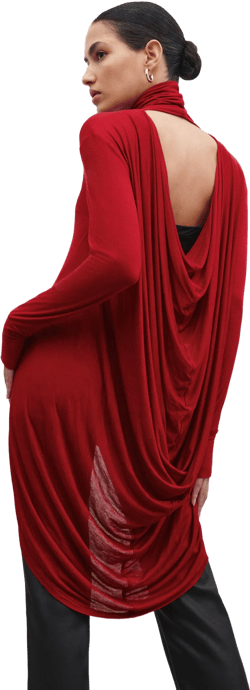 Sheer Red Asymmetric Tunic, Long Sleeve Tunic Top, Cutout Long Top, Turtleneck Tunic, Draped High Low Tunic, Halle Tunic, Marcella - MB2027