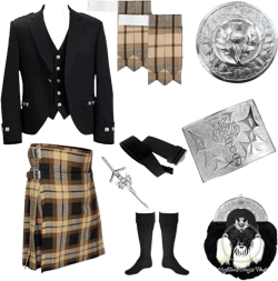 Men&#39;s Scottish 9 Pieces Kilt Outfit With Argyle Jacket Vest Traditional Wedding Thistle Kilt Set Available in 45+ Clan Tartans