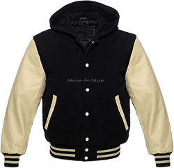 Hooded Varsity Letterman Baseball Bomber Jacket,  Melton Wool Body, Cowhide Leather Sleeves, All colors options