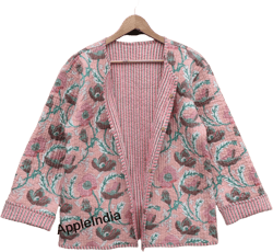 Pink Cotton quilted women reversible fashion jacket coat Floral kantha women girls jacket winter summer boho long short Jacket embroidery