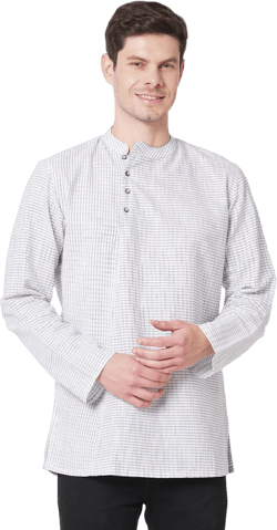 Indian  men short kurta white color cotton blue uneven stripes hand loom  gent loose shirt in mandarin  collar and long sleeves