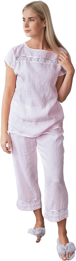 Linen Pajama Set  CHARLOTTE Laced For Women/ Top Kimono and Cropped Pajama Pants Laced/ Linen Sleepwear Luxury