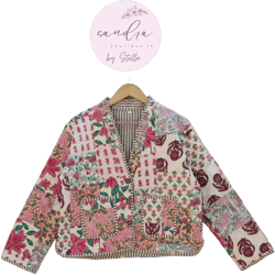 Cotton Quilted Jacket V-Neck New Style Kantha Jacket Hand Block Print Floral Indian Women&#39;s Clothing Coat, Boho Spring Jacket Gift for Her