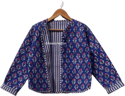 Indian Hand Block Print Fabric Quilted Jacket Short kimono Women Wear New Style white Flower Coat gift for her.