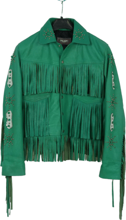 PeterSign Womens HandCrafted Western Cowgirl Green Fringe Leather Jacket Vintage Womens Fringe Leather Jacket | Men And Women Sizes