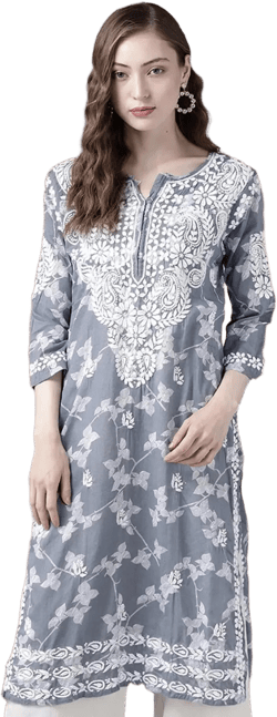 Ada Indian Hand Embroidered Lucknowi Chikankari Printed Floral Design Cotton Kurta Kurti Plus Size Knee Length Top Tunic Shirt for Women