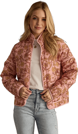 Pink, Mustard & Orange Quilted Jacket | Lightweight Quilted Jacket | Spring Jacket | Women&#39;s Jacket | Boho Jacket | Floral Pattern