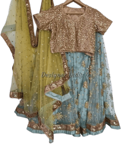 Sage green designer lehenga with gold sequin blouse for Indian wedding dress with heavy dupatta - Made to measure outfit