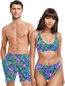 Matching Swimsuits Tropical Floral Print Bathing Suits for Couple Swimwear for Honeymoon or Wedding Gift for Bride and Groom Beach Vacation