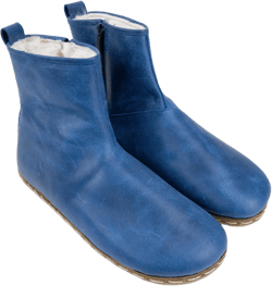 Women Blue Barefoot Boots with Fur, Leather Chelsea Minimalist Zippered Shoes, Wide Toe Box, Halloween Gift
