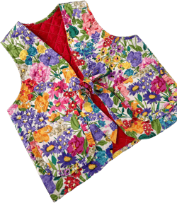 bright floral quilted gilet vest waistcoat ruffle and large bow pockets!