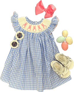 Easter Bunny Smocked Dress in Blue Gingham Flutter Sleeve Bishop dress - Heirloom, Vintage Style, Machine washable 585 *G