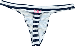 Personalizable slutty sailor Slut custom Embroidery Mens navy blue white stripe  swim thong swimwear G-string H.E.Arts his erotic arts