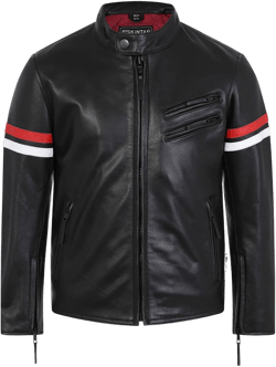 Children’s Leather Biker Jacket, Black with Red & White Leather Stripes The Kane by Skintan UK