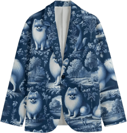 Pomeranian Toile de Jouy Dog Mens Cotton Blazer Victorian Sports Coat Baroque French Blue Rococo Jacket Bandana Country Club Golf Gift Retro