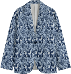 English Bulldog Toile de Jouy Dog Mens Cotton Blazer Victorian Sports Coat Baroque French Blue Rococo Jacket, Lightweight Country Club Golf
