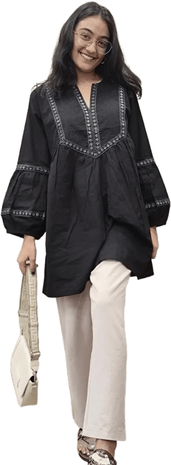 Boho Black Cotton Kurti, Women Mini Dress, Handmade Indian Style Casual Kurti Top, Ethnic Peplum Kurti, Laced Tunic Top, Gift For Her