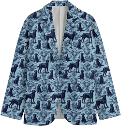 Black Labrador Retriever Toile de Jouy Dog Mens Cotton Blazer Victorian Sports Coat Baroque French Blue Rococo Jacket, Lightweight Country