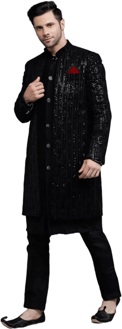 Embroidered Velvet Sherwani with Uppada Silk Kurta Set in Black Color