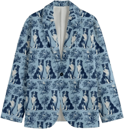 Collie Toile de Jouy Dog Mens Cotton Blazer Victorian Sports Coat Baroque French Blue Rococo Jacket, Lightweight Country Club Golf Retro