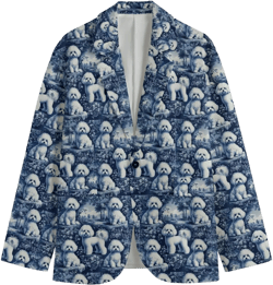 Bichon Frisé Toile de Jouy Dog Mens Cotton Blazer Victorian Sports Coat Bandana French Blue Rococo Jacket Summer Country Club Golf Gift