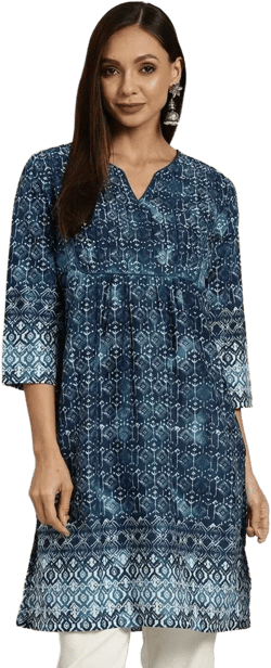 Pure Cotton Tunic Tops For Women Navy Blue Printed Top Short Kurta Kurtis For Women Summer Top Tees T-shirt Plus Size Boho Tops Gift For Her