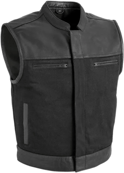 Black Hybrid Vest – Sleek Sleeveless Design with Leather Accents, Zippered Pockets, and High Collar