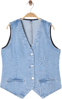 Light Blue Floral Embroidered Denim Vest - V-Neck Sleeveless Jacket for Women, 100% Cotton, Trendy Casual Outfit, Sleeveless Vest For Women
