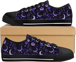 Purple Moon Garden Canvas Sneakers, Witchy Celestial Floral Low Top Shoes, Dark Cottagecore sneakers, cute boho witchy lace up sneakers gift