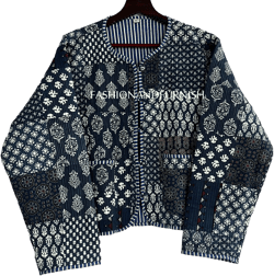 Indigo Blue Handmade Patchwork Jackets, Indian Cotton Handmade Winter Jacket Coat, Bohemian Style Jacket, Unisex Short Quilted Kantha Jacket