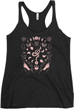 Pink and black Witchy Graphic printed Women’s Racerback Tank Top, Sleeveless Witchy Tank, Gothic Tank Top