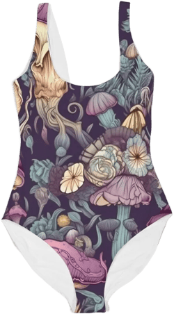 Women&#39;s One-Piece Swimsuit - Dark Floral -  Ethereal Mushrooms - Fem Goth - Purple Bathing Suit - Modest Beach Wear - Scoop Neck and Back