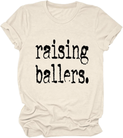 Baseball Mom T-Shirt, Raising Ballers Shirt, Casual Graphic Letter Print Tees, Game Day O-Neck Short Sleeve Tops Beige XX-Large