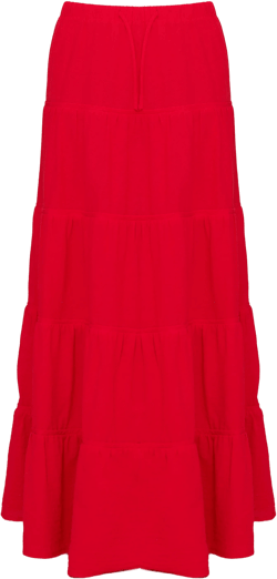 Tomato Red Cotton Tiered Drawstring Waist Maxi Skirt