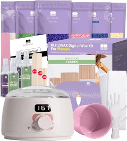 BLITZWAX Brazilian and Bikini Waxing Kit with 120 Wooden Waxing Sticks and 30 Wax Papers, Hard Wax Warmer for Face, Legs, and Body, At Home Hair Removal Kit, Beginner Friendly, For Women Men