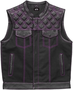 Men's Motorcycle Biker Riding Leather Vest, Denim and Leather Motorcycle Vest, Black Denim and Leather Vest XX-Large Black and Purple Leather Vest