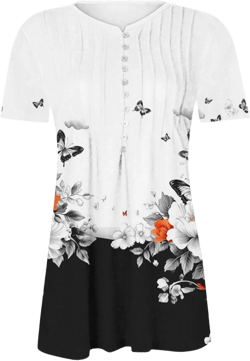 Tunic Tops for Women Loose Fit Dressy Button V Neck Shirts Short Sleeve Empire Waist Tshirt Retro Print Summer Blouse