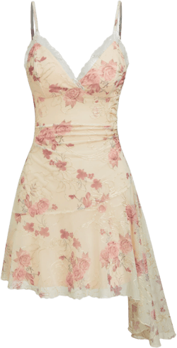 Mesh V-neck Floral Lace Trim Ruched Asymmetrical Hem Mini Dress