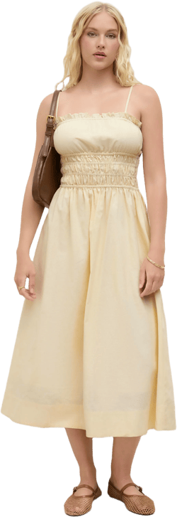 Linen-blend Shirred Lettuce Trim Ruffle Maxi Dress
