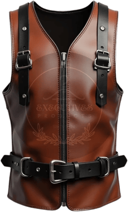 Unique Brown Leather Vest with Adjustable Black Straps, Buckles - Handcrafted Leather Vest - Men&#39;s Fashion - Secure Zipper Closure Vest
