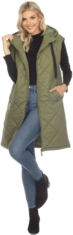 Women's Diamond Quilted Hooded Puffer Vest Olive Medium-White Mark