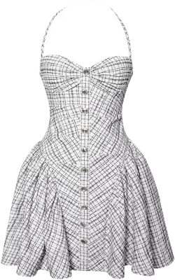 Women's Melody Black and White Plaid Tweed Halter Drop Waist Mini Dress