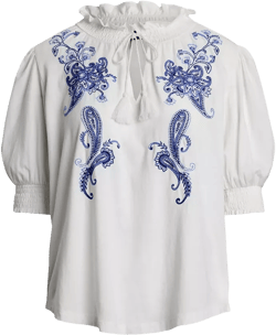 Women's Embroidered Jersey Tie-Neck Top
