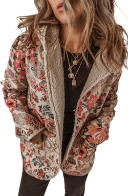 Beige Sherpa Lined Hooded Jacket with Vintage Paisley Floral Print
