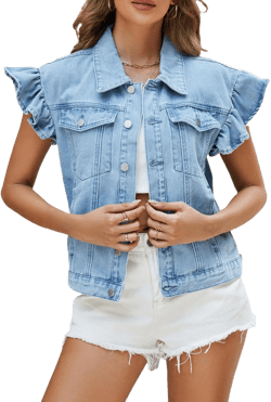 Ladyful Womens Denim Vest Top Ruffle Cap Sleeve Jean Vest Button Down Sleeveless Denim Jacket Light Blue Small
