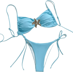Sexy Solid Casual Solid Spaghetti Strap and Side Tie Bikini 2pcs Bikini Set Bikini Set Swimsuit Medium Blue