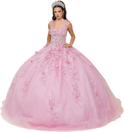 Quinceañera | Pink Elegant V-Neck Ball Gown with Embroidered Floral Details and Sheer Overlay | Amaris dress