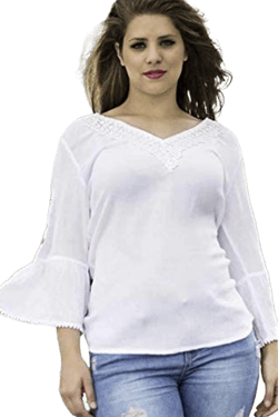 3866 V-Neck Lace Long Bell Sleeve Tunic Blouse