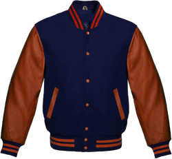 Men's Varsity Jacket – Navy Blue Wool Body with Brown Leather Sleeves, Classic Letterman Style Bomber Jacket Medium Navy
